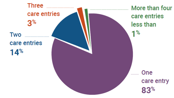 One care entry 83%. Two care entries 14%. Three care entries 3%. More than four care entries less than 1%.